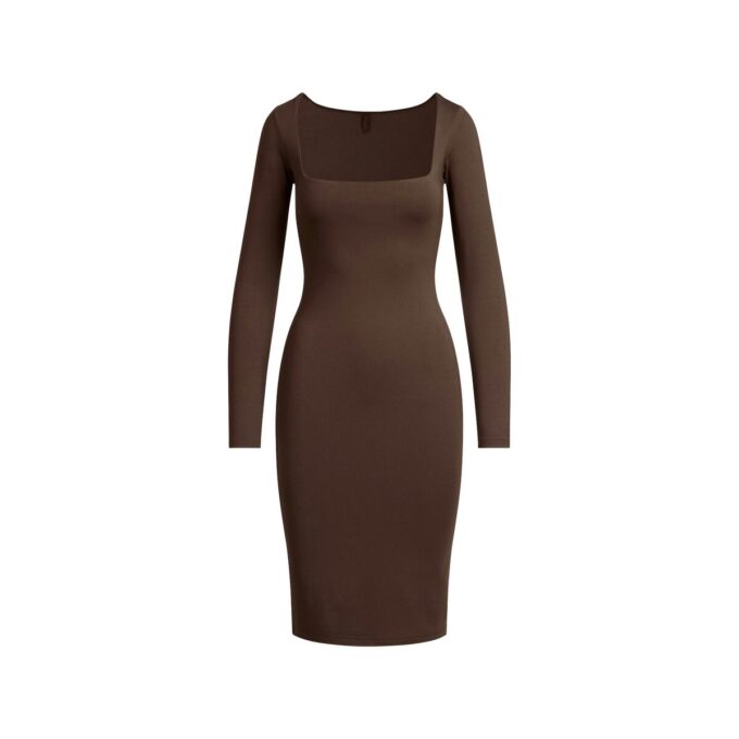 MIDI-KLEID MIT GLATTEN LAGE UND eckigem Ausschnitt MIDI-KLEID MIT GLATTEN LAGE UND eckigem Ausschnitt